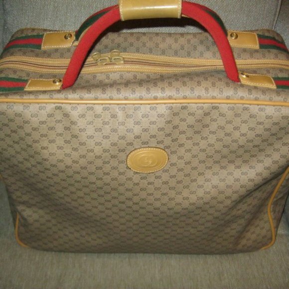 ❤️AUTH Vintage GUCCI SUITCASE Luggage Red / Green +Gucci Crest Zipper Pull 17x13 - Picture 1 of 12